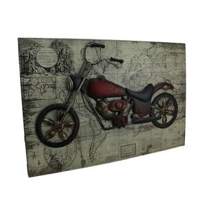 World of Adventure Vintage V-Twin Motorcycle Sculpture On Wood Map Wall Hanging